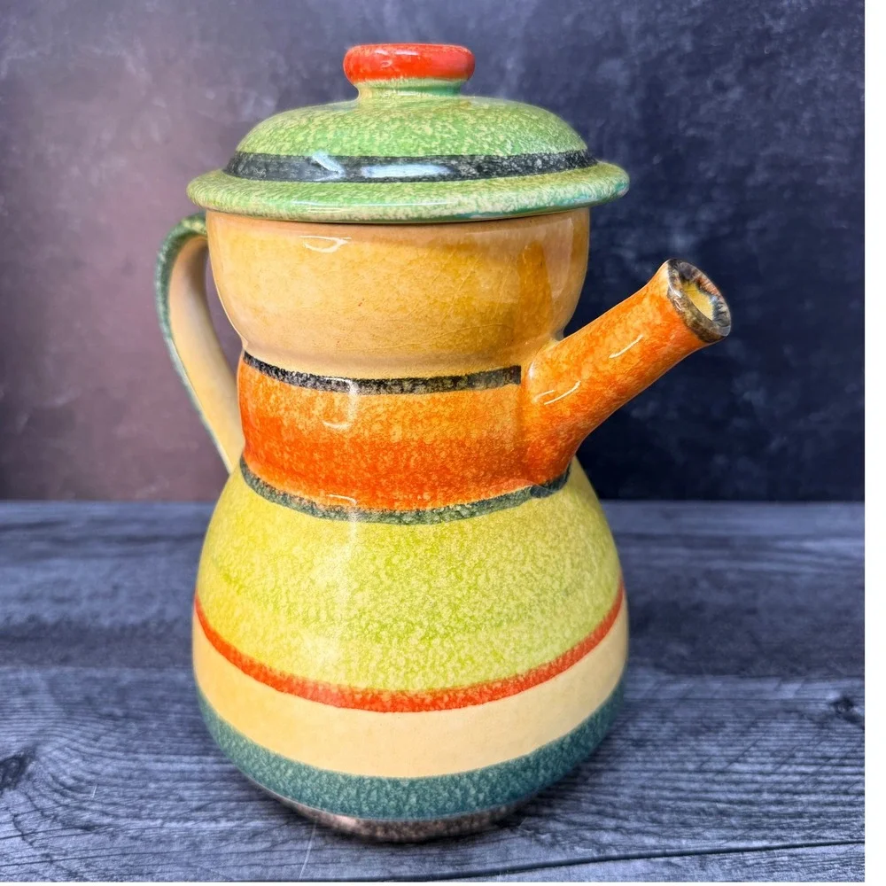 Italica Ars Teapot Vintage Hand Painted Ceramic Striped Italy 8in Face Whimsical